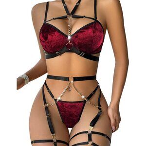 🆕Women Red Sexy Pu Leather Strappy Underwire Garter Belt Lingerie Set